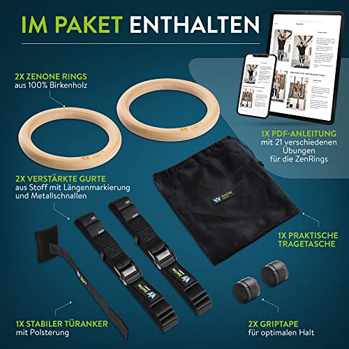 Turnringe Holz Ringe Turnen I ZenRings Fitness Gymnastikringe mit Türanker und Gurten inkl. Gratis E-Book, Workout-Guide + Tasche - 2