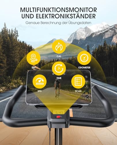 Heimtrainer Fahrrad mit APP Tracking, Bis 150 KG Ergometer Fahrrad mit magnetischem Widerstand, Fitnessgeräte für Zuhause,Hometrainer Fahrrad mit Sitzpolster, leisem Riemenantrieb Tablet Halterung - 5