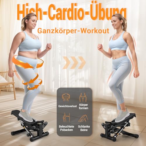 Mini Stepper für Zuhause mit Power Ropes, Einstellbarer Widerstand Swing Stepper mit LCD-Monitor, Stepper Hometrainer für Anfänger & Fitness Trainingsgerät 150kg Bein/Arm Trainer Home Fitness Exercise - 3