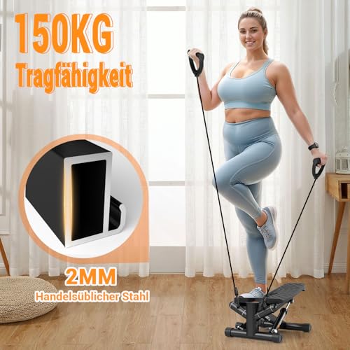 Mini Stepper für Zuhause mit Power Ropes, Einstellbarer Widerstand Swing Stepper mit LCD-Monitor, Stepper Hometrainer für Anfänger & Fitness Trainingsgerät 150kg Bein/Arm Trainer Home Fitness Exercise - 6