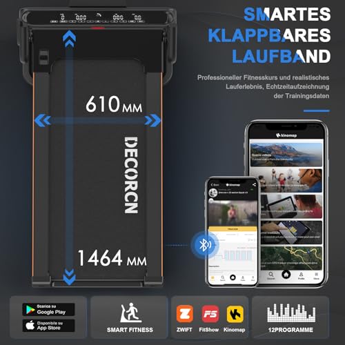 Decorcn Laufband für Zuhause - 4,5 PS, bis 16 km/h. Profi Große Lauffläche Laufband Klappbar, 20 Neigungsstufen Leise Walking Pad mit interaktivem LCD-Display & Bluetooth, bis 150KG - 2