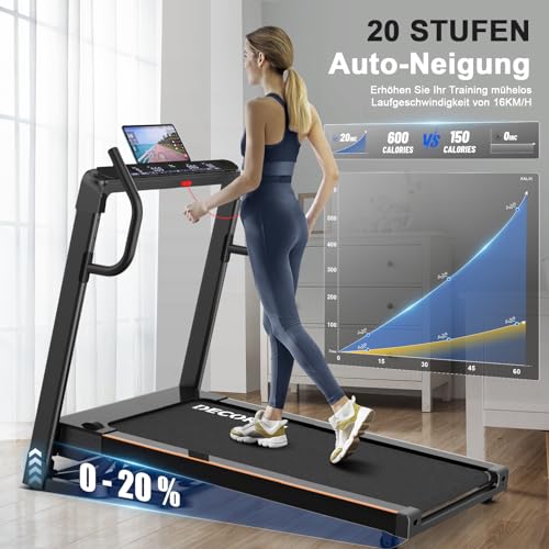 Decorcn Laufband für Zuhause - 4,5 PS, bis 16 km/h. Profi Große Lauffläche Laufband Klappbar, 20 Neigungsstufen Leise Walking Pad mit interaktivem LCD-Display & Bluetooth, bis 150KG - 6