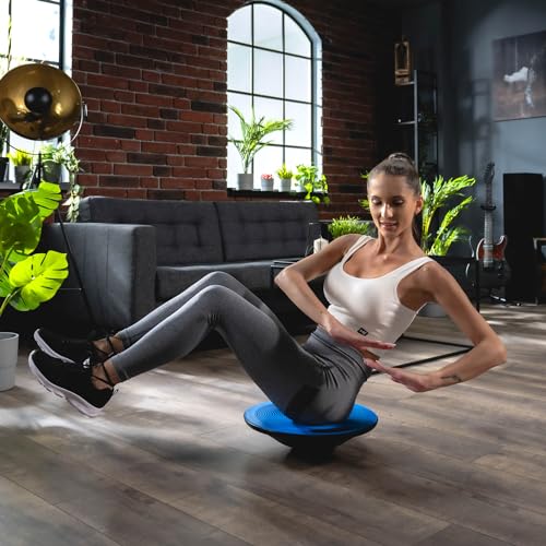 Hop-Sport Balance Board aus Kunststoff - 150 kg Belastbarkeit, rutschfestes Wackelbrett mit Griffen, Gleichgewichtstrainer für Physiotherapie, ø 40 cm- blau - 8