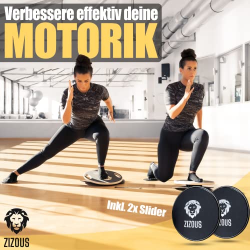 ZIZOUS® Premium Balance Board TESTSIEGER Komplettset - Hochwertiges Wackelbrett inkl. Antirutschmatte 2 Slider und Fitnessband - Gleichgewichtstrainer mit Handgriffen - Balance-Board schwarz mit Ebook - 2