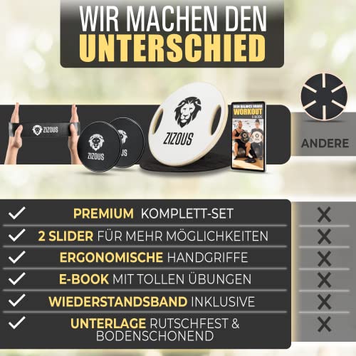 ZIZOUS® Premium Balance Board TESTSIEGER Komplettset - Hochwertiges Wackelbrett inkl. Antirutschmatte 2 Slider und Fitnessband - Gleichgewichtstrainer mit Handgriffen - Balance-Board schwarz mit Ebook - 5