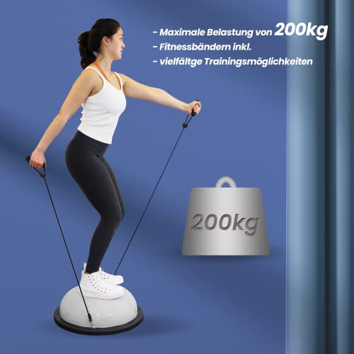 DH FitLife Balance Ball, Yoga Gleichgewichtstrainer Φ60*22cm bis 200 KG belastbar, halber Gymnastikball Fitness Balance Board, Balance-Board mit Pumpe und 2 Fitnessbändern, Grau - 4