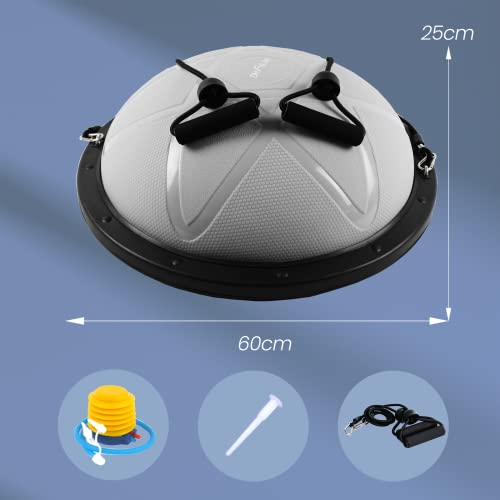 DH FitLife Balance Ball, Yoga Gleichgewichtstrainer Φ60*22cm bis 200 KG belastbar, halber Gymnastikball Fitness Balance Board, Balance-Board mit Pumpe und 2 Fitnessbändern, Grau - 5