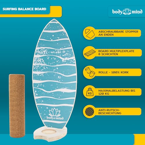 Balance-Board Surfbrett Surf Balance Wackelbrett für Physiotherapie Surf-Training; Trainiert Gleichgewicht & Koordination mit gratis E-BOOK (Light Waves) - 2