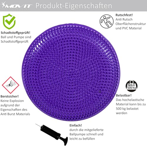 MOVIT Ballsitzkissen DYNAMIC SEAT inkl. Pumpe, Durchmesser 33cm, lila, schadstoffgeprüft, Luftkissen Noppenkissen Balance Kissen - 5