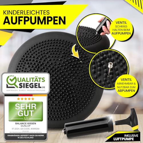 Dunlop Sports Balance Kissen Ball Sitzkissen - für einen stärkeren Rücken in Rekordzeit Premium Balancekissen mit Pumpe 35 x 7 cm orthopädisch über 450 kg belastbar Spezial Noppen, Schwarz - 3