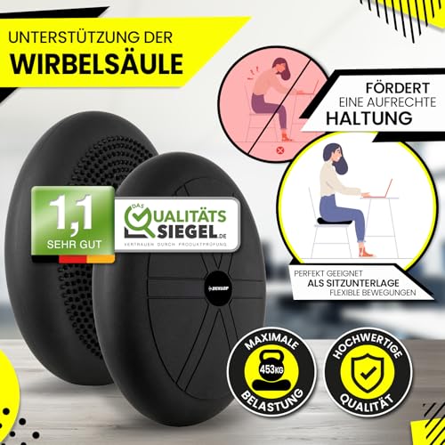 Dunlop Sports Balance Kissen Ball Sitzkissen - für einen stärkeren Rücken in Rekordzeit Premium Balancekissen mit Pumpe 35 x 7 cm orthopädisch über 450 kg belastbar Spezial Noppen, Schwarz - 4