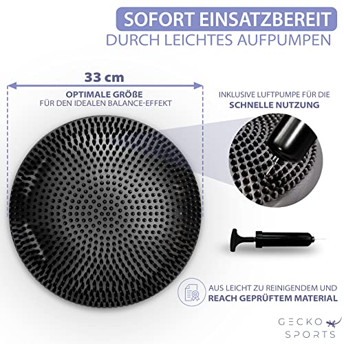 Gecko Sports® Balance Kissen in Schwarz, 33cm, mit Pumpe, Ballsitzkissen, Balancekissen – Glatte und Noppen-Oberfläche für Komfortable Nutzung - 2