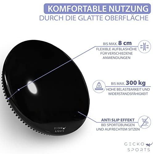 Gecko Sports® Balance Kissen in Schwarz, 33cm, mit Pumpe, Ballsitzkissen, Balancekissen – Glatte und Noppen-Oberfläche für Komfortable Nutzung - 3