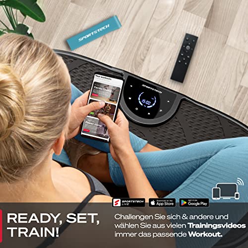 Sportstech Vibrationsplatte VP250 | Deutsche Qualitätsmarke | Curved Slim Design | Fettverbrennung & Muskelaufbau | leiser Motor mit 180 Stufen | 7+1 Trainingsprogramme inkl. Yoga | mit Bluetooth - 5