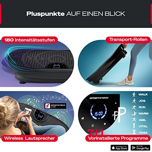 Sportstech Vibrationsplatte VP250 | Deutsche Qualitätsmarke | Curved Slim Design | Fettverbrennung & Muskelaufbau | leiser Motor mit 180 Stufen | 7+1 Trainingsprogramme inkl. Yoga | mit Bluetooth - 8
