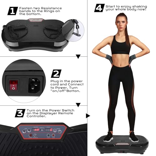 LIFERUN Vibrationsplatte 120 Intensitätsstufen + 10 Trainingsprogramme Leiser Motor Heimfitnessgerät Ganzkörpertraining Muskeltraining Massagegerät mit Fernbedienung und Trainingsgurt 180 kg (Schwarz) - 2