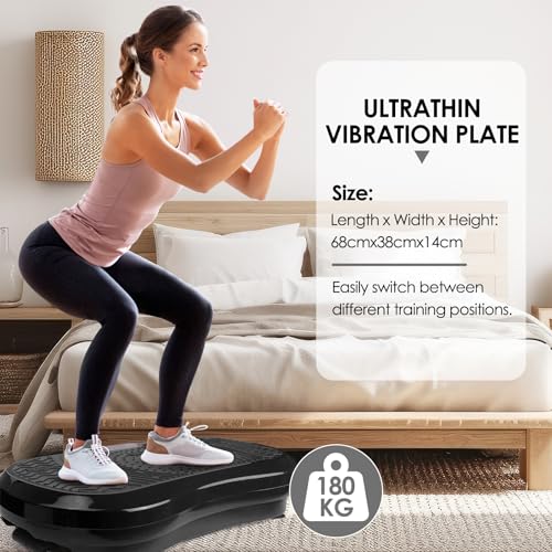LIFERUN Vibrationsplatte 120 Intensitätsstufen + 10 Trainingsprogramme Leiser Motor Heimfitnessgerät Ganzkörpertraining Muskeltraining Massagegerät mit Fernbedienung und Trainingsgurt 180 kg (Schwarz) - 3