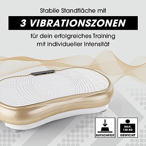 VITALmaxx Vibrationsplatte + Expanderbänder für Ganzkörpertraining zu Hause | 99 Vibrationsstufen | 10 voreingestellte Programme | Großes LCD-Display | rutschfest | 3 Vibrationszonen [Weiß-Champagner] - 4