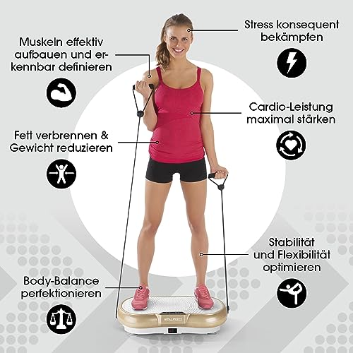 VITALmaxx Vibrationsplatte + Expanderbänder für Ganzkörpertraining zu Hause | 99 Vibrationsstufen | 10 voreingestellte Programme | Großes LCD-Display | rutschfest | 3 Vibrationszonen [Weiß-Champagner] - 6