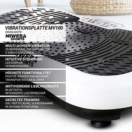 Miweba Sports Fitness 2D Vibrationsplatte MV100 | 3 Jahre Garantie - 250 Watt - 3 multidimensionale Vibrationszonen - Oszillierend - Abnehmen - Fettverbrenner - Fitnessgeräte für Zuhause (Schwarz) - 2
