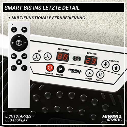Miweba Sports Fitness 2D Vibrationsplatte MV100 | 3 Jahre Garantie - 250 Watt - 3 multidimensionale Vibrationszonen - Oszillierend - Abnehmen - Fettverbrenner - Fitnessgeräte für Zuhause (Schwarz) - 4