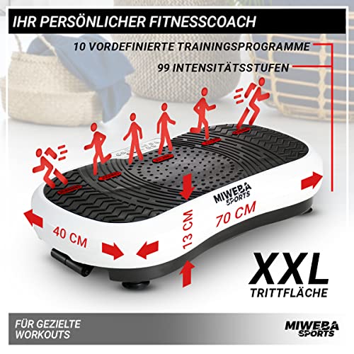 Miweba Sports Fitness 2D Vibrationsplatte MV100 | 3 Jahre Garantie - 250 Watt - 3 multidimensionale Vibrationszonen - Oszillierend - Abnehmen - Fettverbrenner - Fitnessgeräte für Zuhause (Schwarz) - 7