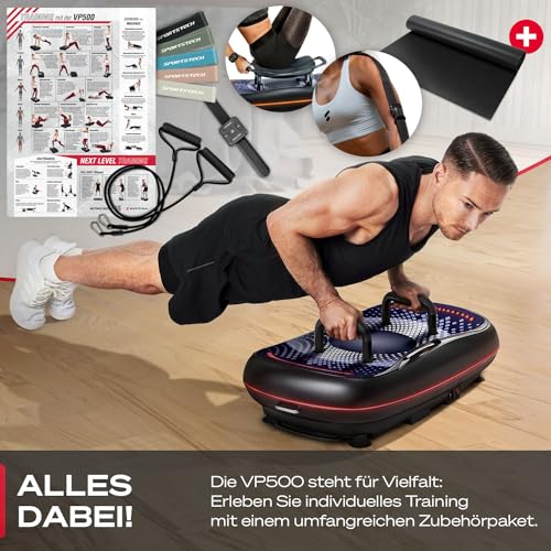 Sportstech 4D Premium Vibrationsplatte | Smart LED I 3 leise Motoren INext-Level Training mit Workout Sitz, Liegestützgriffe etc I Color Touch Display + Bluetooth I Fitness & Yoga für Zuhause |VP500 - 4