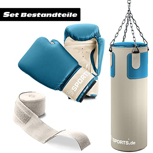 ScSPORTS® Boxsack - Set, 25kg, Gefüllt, mit Boxhandschuhen (12oz), Bandagen, Nylongurt, Tasche, PVC, Beige - Boxset, Boxsack-Set, Box-Set für Zuhause, Erwachsene, Boxing, Kickboxen, Boxen - 2