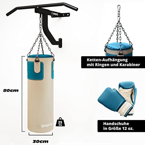 ScSPORTS® Boxsack - Set, 25kg, Gefüllt, mit Boxhandschuhen (12oz), Bandagen, Nylongurt, Tasche, PVC, Beige - Boxset, Boxsack-Set, Box-Set für Zuhause, Erwachsene, Boxing, Kickboxen, Boxen - 3