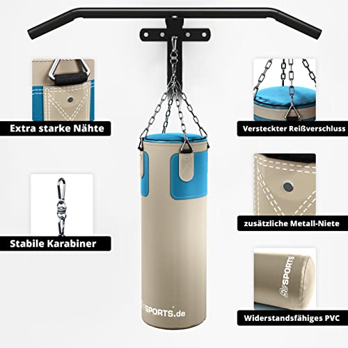ScSPORTS® Boxsack - Set, 25kg, Gefüllt, mit Boxhandschuhen (12oz), Bandagen, Nylongurt, Tasche, PVC, Beige - Boxset, Boxsack-Set, Box-Set für Zuhause, Erwachsene, Boxing, Kickboxen, Boxen - 4