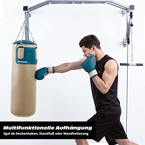ScSPORTS® Boxsack - Set, 25kg, Gefüllt, mit Boxhandschuhen (12oz), Bandagen, Nylongurt, Tasche, PVC, Beige - Boxset, Boxsack-Set, Box-Set für Zuhause, Erwachsene, Boxing, Kickboxen, Boxen - 6