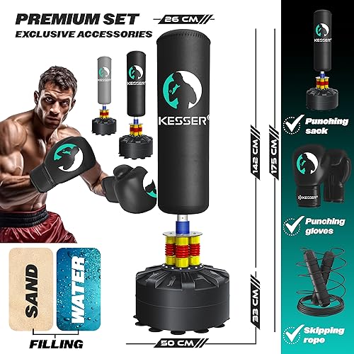 KESSER® Boxsack Set stehend Erwachsene mit Boxhandschuhe + Springseil, Kickboxsack, Freistehender Standboxsack MMA Boxpartner Boxing Trainer Fitness Boxsack mit Saugfuß Schwarz - 2