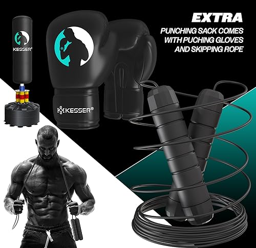 KESSER® Boxsack Set stehend Erwachsene mit Boxhandschuhe + Springseil, Kickboxsack, Freistehender Standboxsack MMA Boxpartner Boxing Trainer Fitness Boxsack mit Saugfuß Schwarz - 5