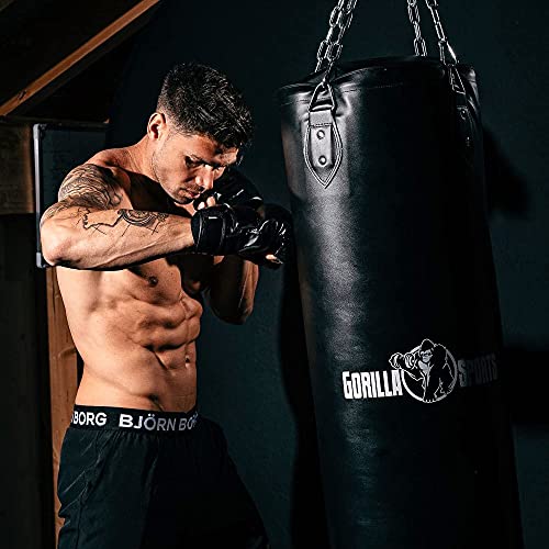 GORILLA SPORTS® Boxsack - 27kg / 37kg, Gefüllt, Hängend, mit Heavy Duty Vierpunkt-Stahlkette und 4 Karabinerhaken, Kunstleder, Schwarz - Punchingsäcke, Punching Bag, Sandsack, Boxing Bag, MMA - 4