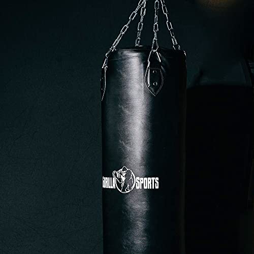 GORILLA SPORTS® Boxsack - 27kg / 37kg, Gefüllt, Hängend, mit Heavy Duty Vierpunkt-Stahlkette und 4 Karabinerhaken, Kunstleder, Schwarz - Punchingsäcke, Punching Bag, Sandsack, Boxing Bag, MMA - 5