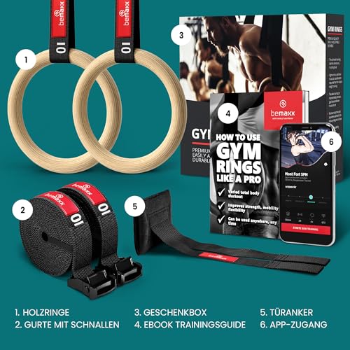 BeMaxx Turnringe Holz Gym Rings + Türanker & Trainings-eBook – Olympische Gymnastik Holzturnringe & Gurte + Markierungen | Turnerringe Gymnastikringe Fitness Ringe Workout Sport | Männer Frauen - 4