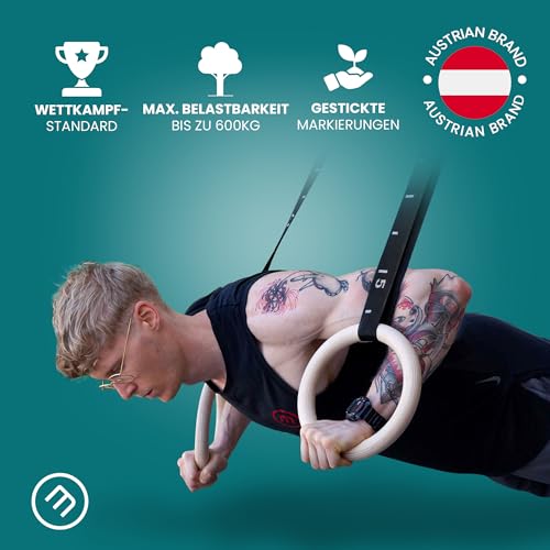 BeMaxx Turnringe Holz Gym Rings + Türanker & Trainings-eBook – Olympische Gymnastik Holzturnringe & Gurte + Markierungen | Turnerringe Gymnastikringe Fitness Ringe Workout Sport | Männer Frauen - 5