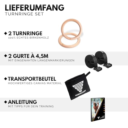 GORNATION Turnringe Holz, Gym Rings, Ringe für Calisthenics, Turnen, Fitness, Sport, Olympische Gymnastikringe mit Gurten & Tasche für Indoor & Outdoor Training - 6