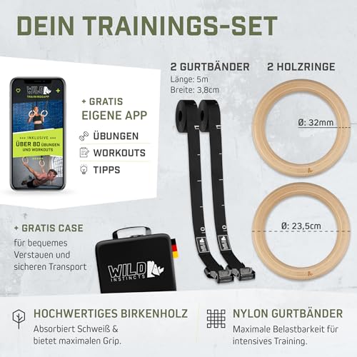 Wild Instincts® Premium Turnringe Holz 32mm mit WebApp/Trainingsringe mit Gurtbändern + Tasche/Ringe Training/Gymnastikringe zum Turnen/Calisthenics Ringe/Gymnastic Rings - 4
