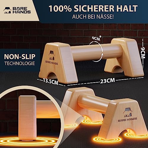 BARE HANDS Liegestützgriffe – 2x gelenksschonende & rutschfeste Holz Liegestützgriffe – Calisthenics Equipment für Indoor & Outdoor – Ideal für Handstand & Liegestütze - 2