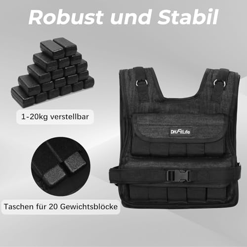 DH FitLife Verstellbare Gewichtsweste 20kg Kompakt u. Stabil zum Muskelaufbau u. Krafttraining | Weighted Vest | Laufweste Damen Herren | Fitnessweste Trainingsweste - 3
