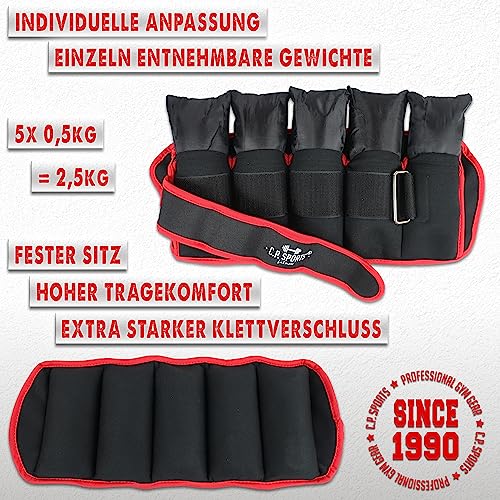 C.P.Sports Verstellbare Gewichtsmanschetten 0,5kg - 2,5kg | 2er Set Gewichte Handgelenk, Knöchel, Arme, Beine | Laufgewichte Damen, Herren | Laufen, Fitness, Bodyweight Training, Gym | schwarz-rot - 5