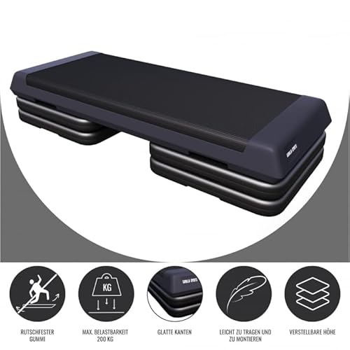 GORILLA SPORTS® Aerobic Steppbrett - mit 3 Stufen Höhenverstellbar, 10cm, 15cm, 20cm, rutschfest, bis 200kg, Schwarz/Grau - Stepper Fitness, Stepbench, Step Brett, für Zuhause, Trainingsgerät - 5