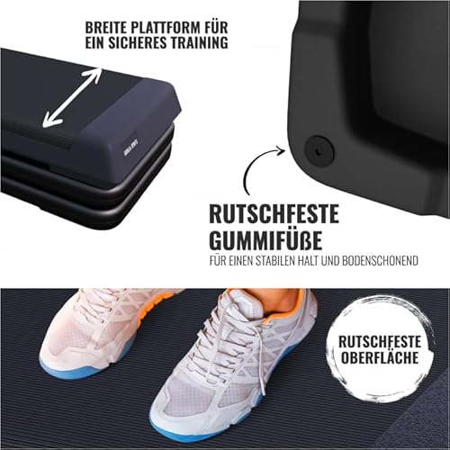 GORILLA SPORTS® Aerobic Steppbrett - mit 3 Stufen Höhenverstellbar, 10cm, 15cm, 20cm, rutschfest, bis 200kg, Schwarz/Grau - Stepper Fitness, Stepbench, Step Brett, für Zuhause, Trainingsgerät - 7
