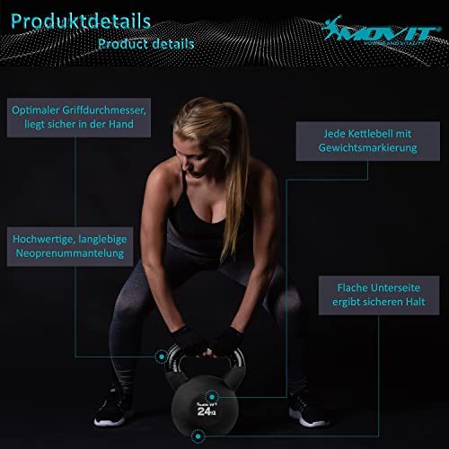 MOVIT Kettlebell PRO, Kugelhantel aus Gusseisen mit Neoprenbeschichtung, 12 Varianten: 2 bis 24 kg, schadstoffgeprüft, Schwunghantel Kugelgewicht - 5