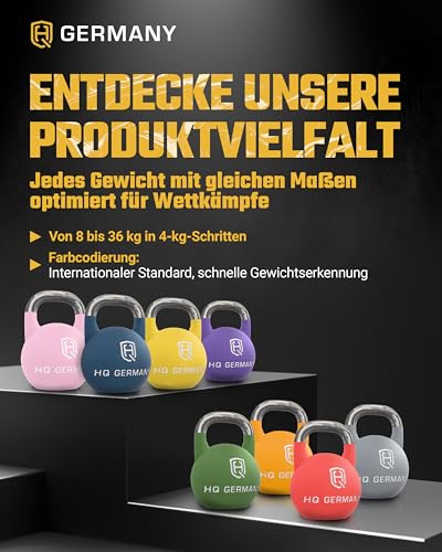 HQ Germany® Competition Kettlebell | 8-36kg | Sets | Edelstahl Griff | Pulverbeschichtet, Gewicht:16KG - 8