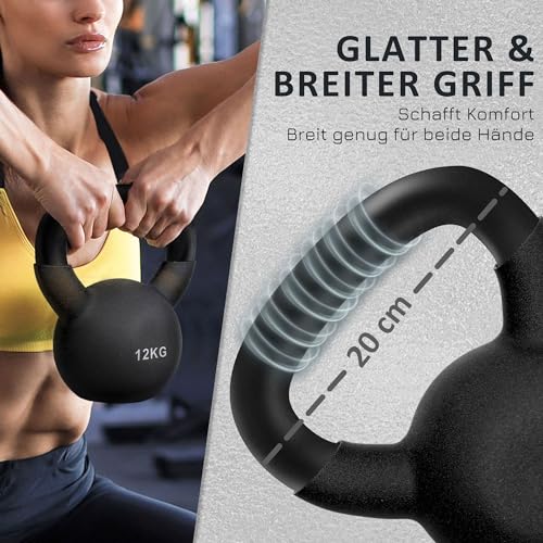 HOMCOM 12 KG Kettlebell Kugelhantel aus Gusseisen mit Neoprenbeschichtung Bodenschonende Schwunghantel Gewichtkugel für Gewichtheben, Konditionierung, Kraft- und Kerntraining Schwarz - 3