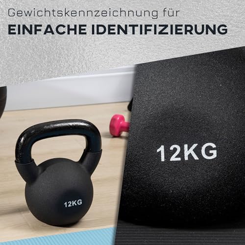 HOMCOM 12 KG Kettlebell Kugelhantel aus Gusseisen mit Neoprenbeschichtung Bodenschonende Schwunghantel Gewichtkugel für Gewichtheben, Konditionierung, Kraft- und Kerntraining Schwarz - 4