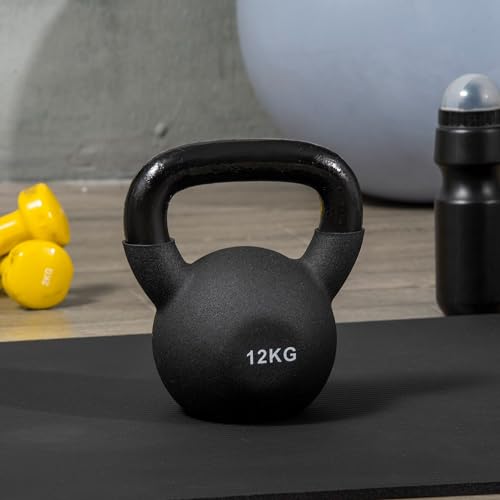 HOMCOM 12 KG Kettlebell Kugelhantel aus Gusseisen mit Neoprenbeschichtung Bodenschonende Schwunghantel Gewichtkugel für Gewichtheben, Konditionierung, Kraft- und Kerntraining Schwarz - 7