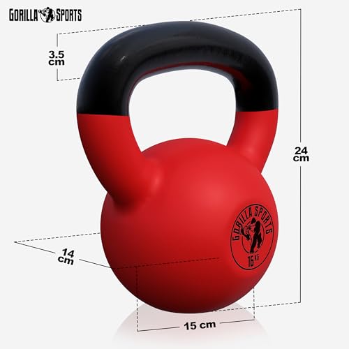 GORILLA SPORTS® Kettlebell - 2-32 kg Gewichte, Einzeln/Set, Gusseisen, Vinyl Beschichtung, Bodenschonende - Kugelhantel, Schwunghantel, Kugelgewicht, Rundgewichte für Fitness, Gym, Krafttraining - 4
